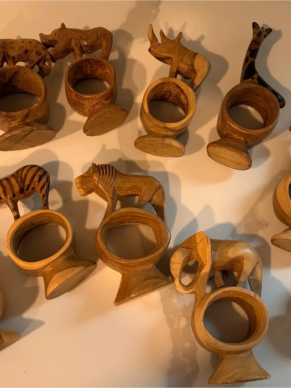 1970s Vintage Hand Carved Wooden Safari Animal Napkin Rings Set of 12